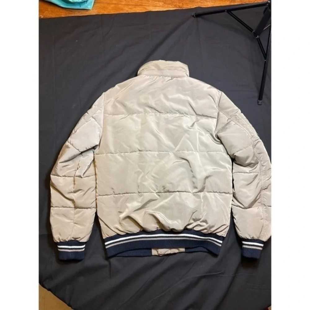 Zara Man Puffer‎ Jacket Tan Navy Blue Quilted Bomber Coat Mens Medium RN77302